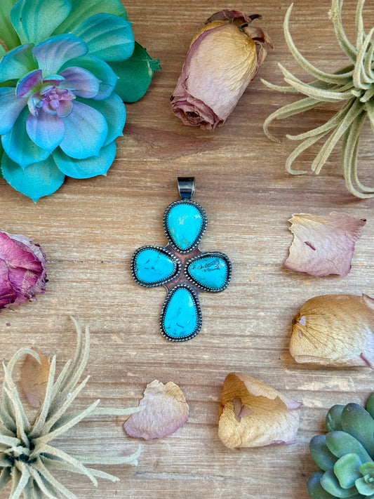 Turquoise cross pendant in sterling silver fitting 8mm pearls handmade in-house by MJ in the USA
