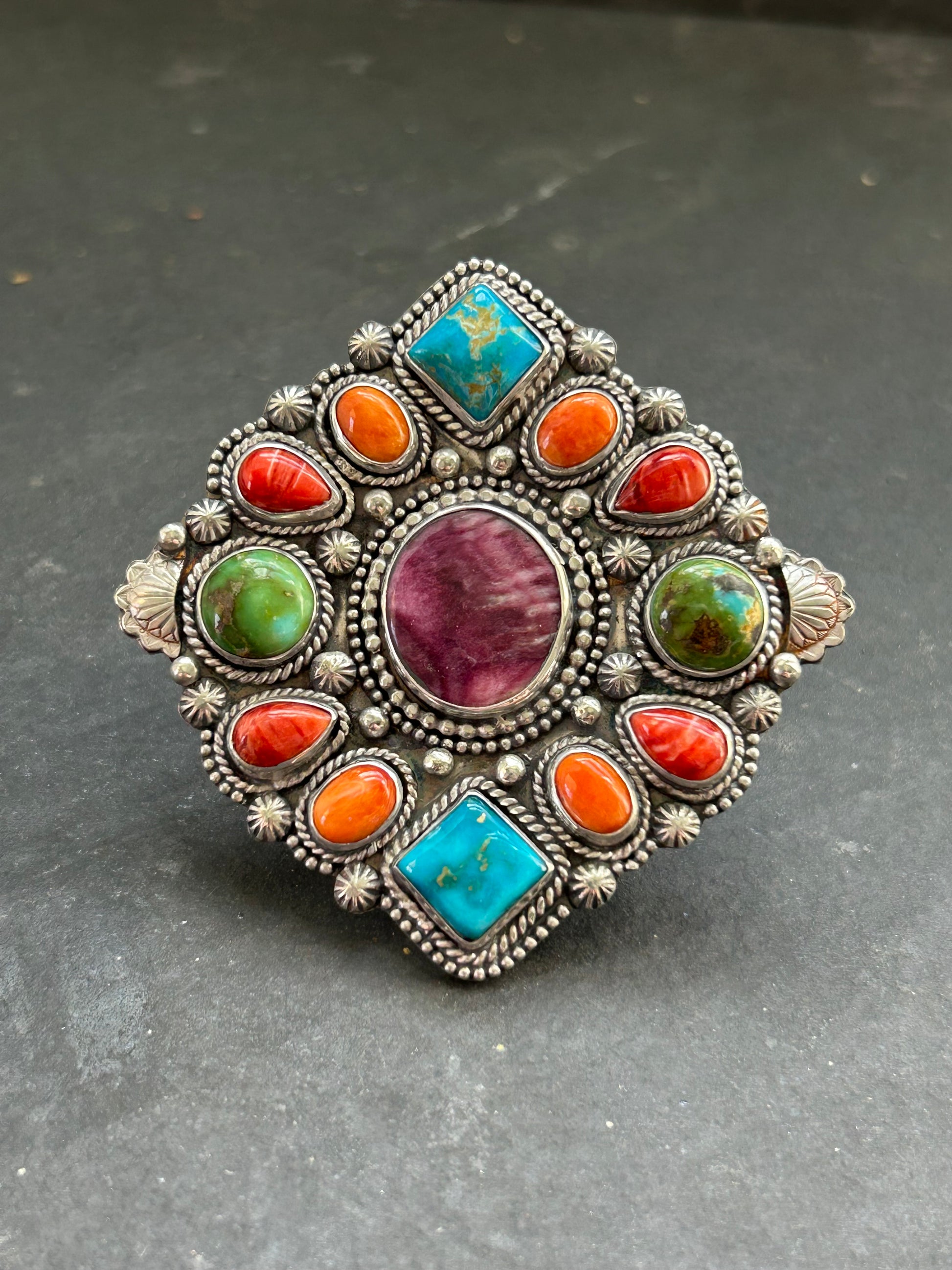Sterling silver mosaic cluster ring with turquoise and spiny oyster stones, handcrafted by artist Shay Pfeiffer in the USA