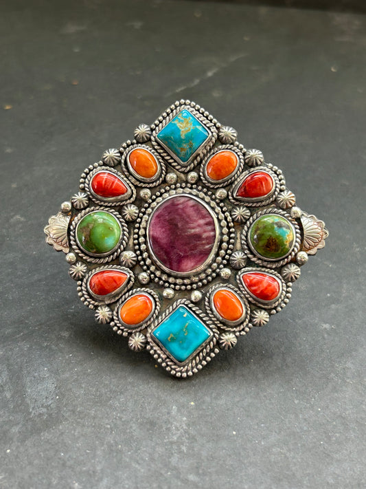 Sterling silver mosaic cluster ring with turquoise and spiny oyster stones, handcrafted by artist Shay Pfeiffer in the USA