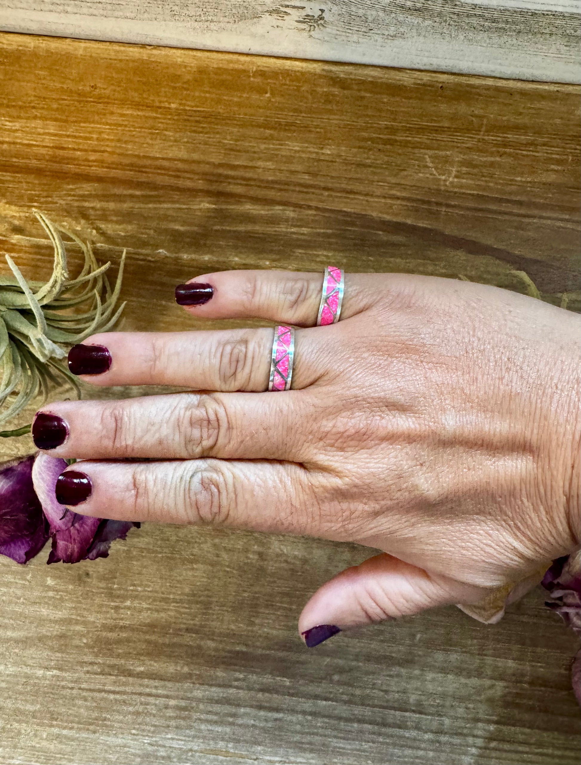 Sterling silver pink opal inlay band ring, stamped R, Native made in the USA, available in sizes 6.5 and 7.5