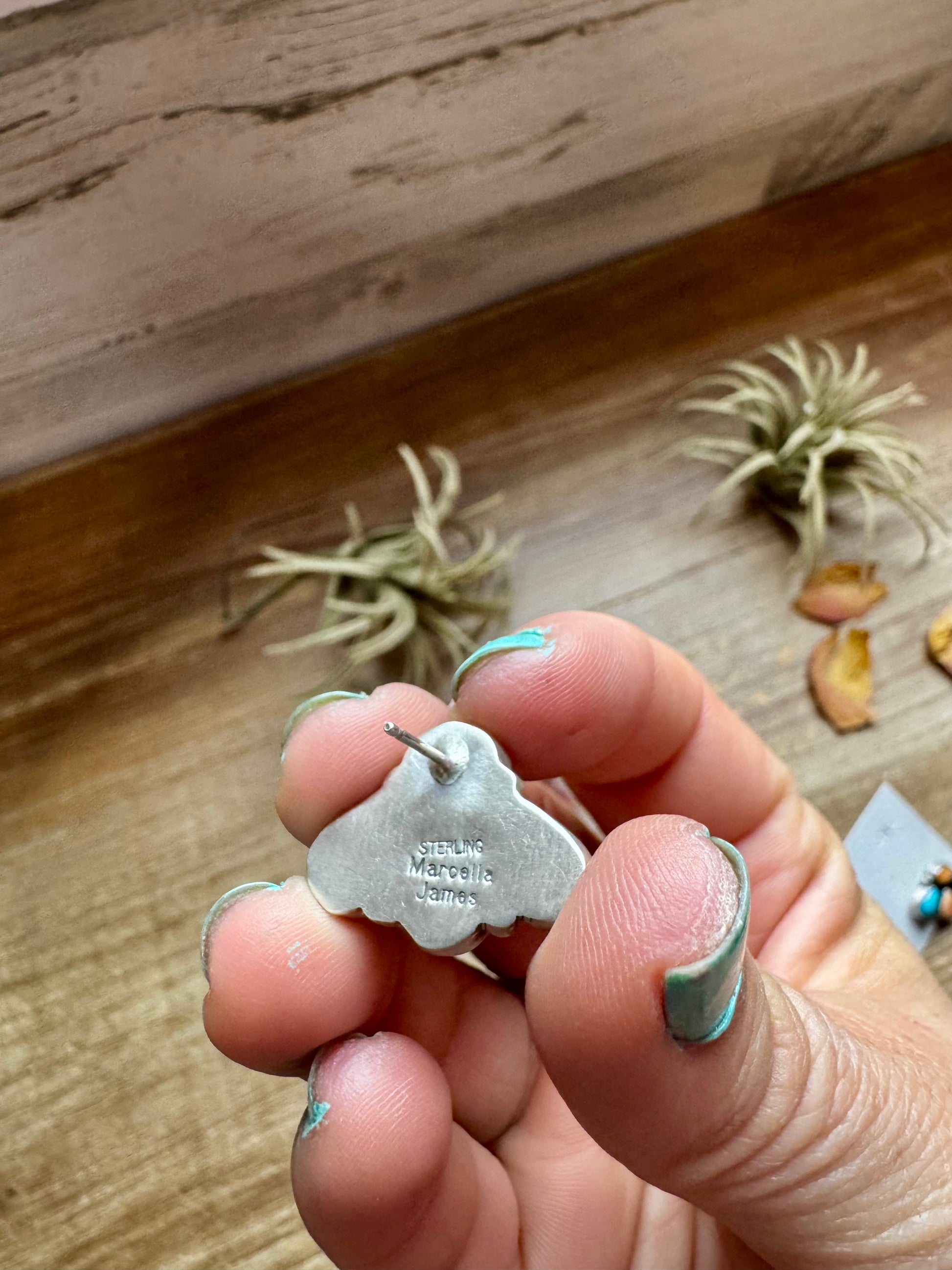 Handcrafted sterling silver stud earrings featuring orange spiny oyster and genuine turquoise stones. Stamped by Marcella James. Made in the USA. One-of-a-kind and naturally unique. Curated by The Bijoux FAB.
