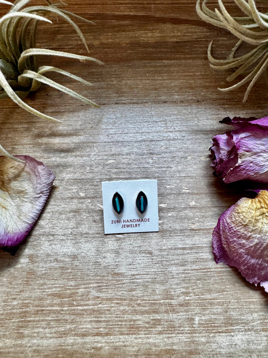 Mini Zuni earrings with Kingman turquoise inlay and sterling silver setting, handmade in the USA