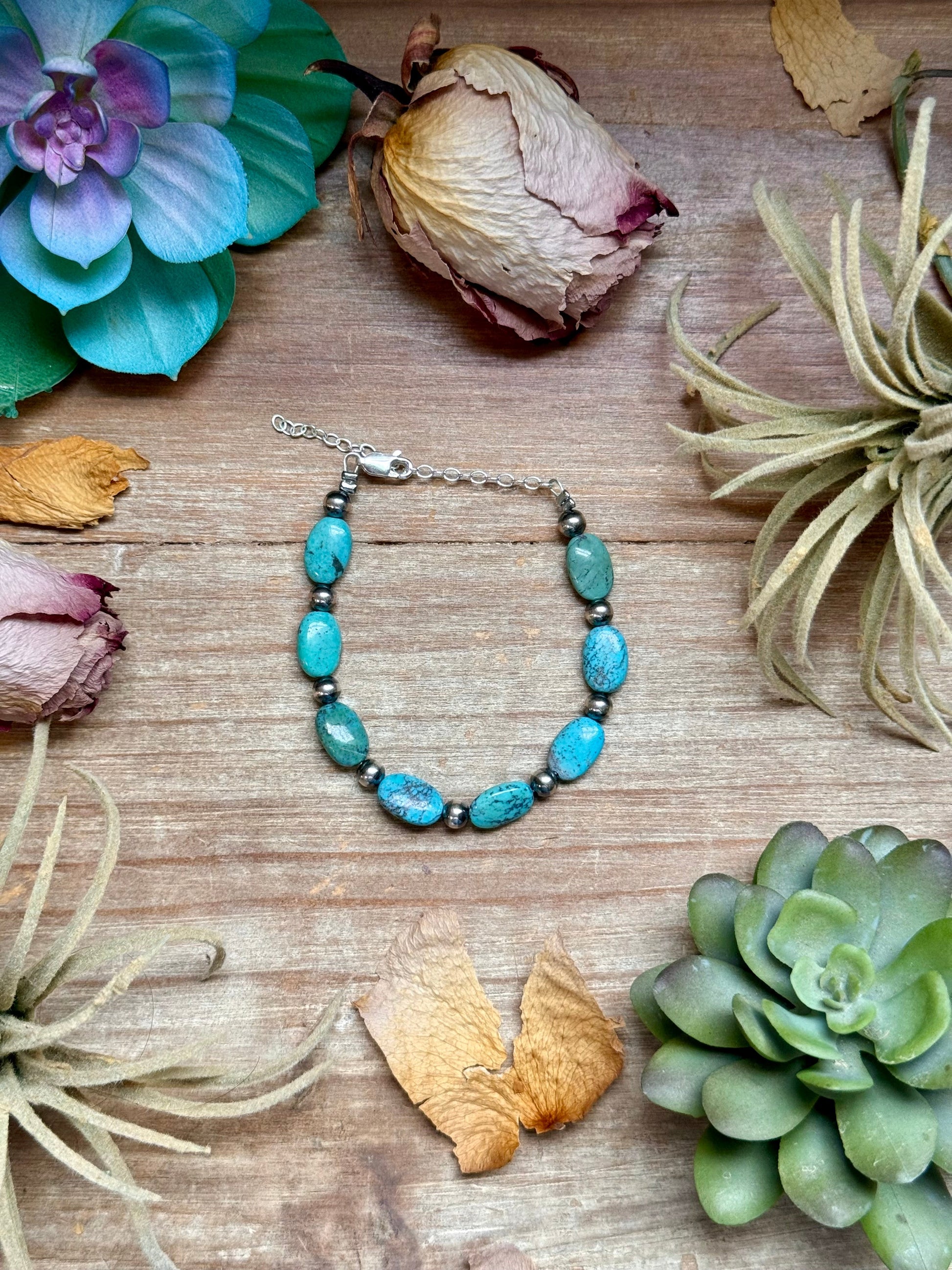 blue turquoise oval bead bracelet 6.25 inch extender handmade USA unique jewelry