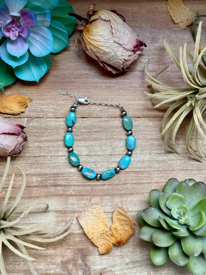 blue turquoise oval bead bracelet 6.25 inch extender handmade USA unique jewelry