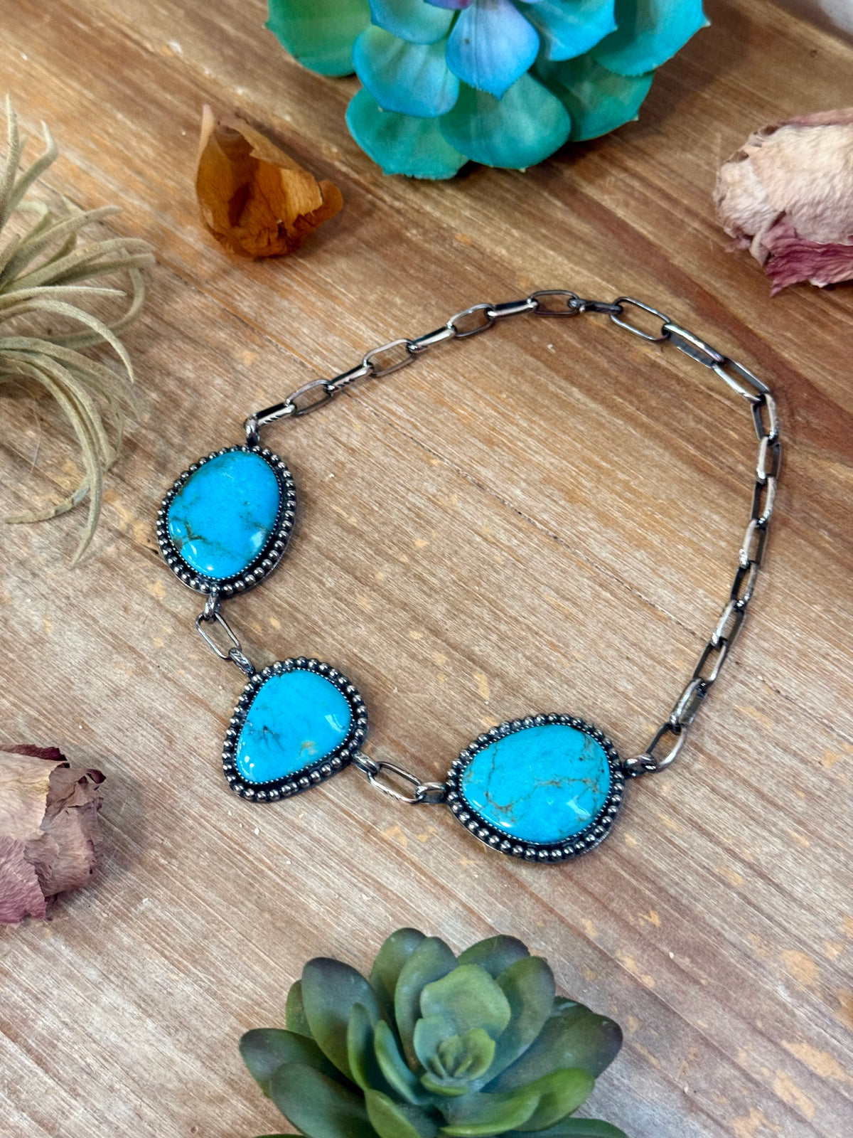 One-of-a-Kind Three-Stone Turquoise Beaded Border Choker