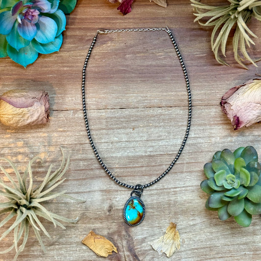 Oval turquoise sterling silver pendant with free sterling silver pearl necklace handmade by The Bijoux FAB
