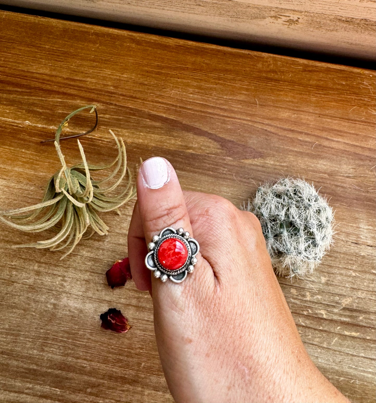 Ring size 9 - red spiny and sterling silver