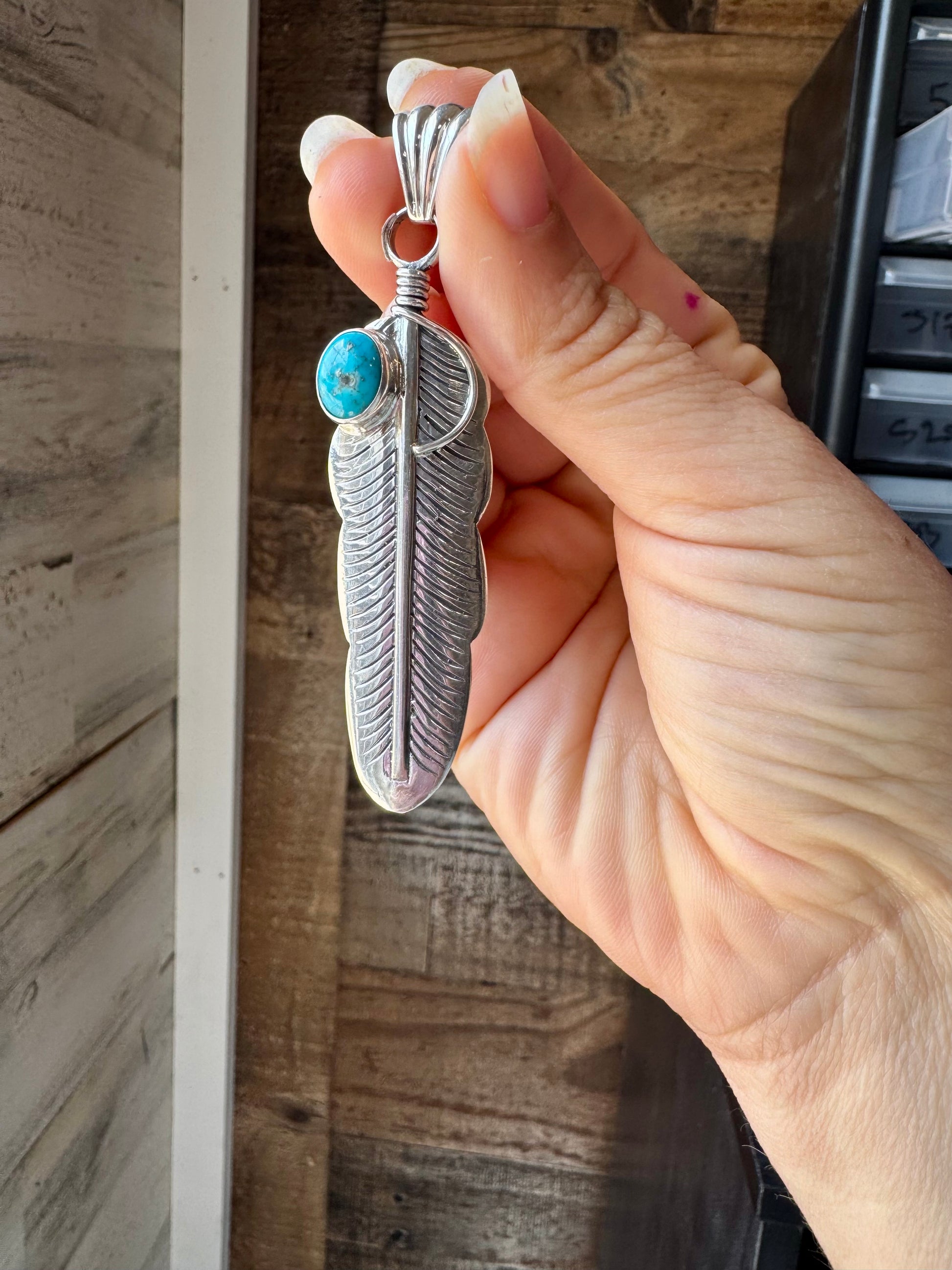 Feather-shaped sterling silver pendant with Kingman turquoise, two design options, fits 6 mm chain