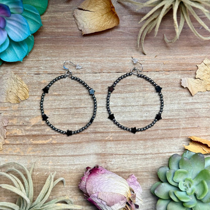 Black onyx star hoop earrings with 3mm sterling silver beads and sterling hook
