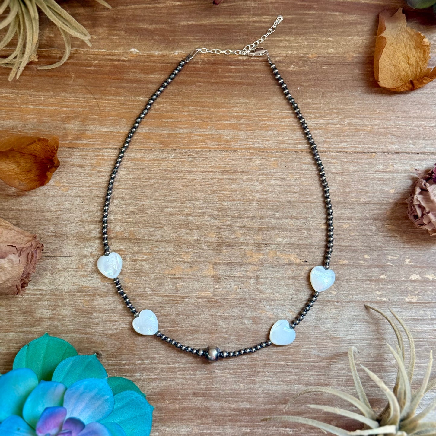 White Shell Heart & Sterling Silver Pearl Necklace - 15 inch
