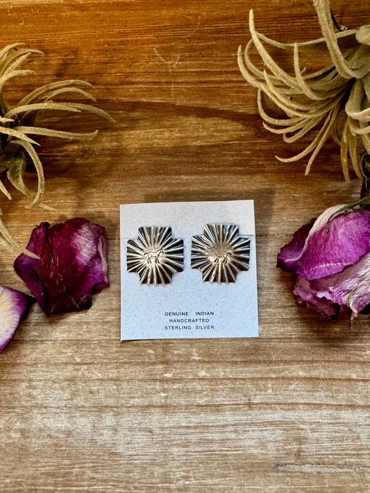 Sterling silver square cross stud earrings stamped with horse design, handmade in the USA