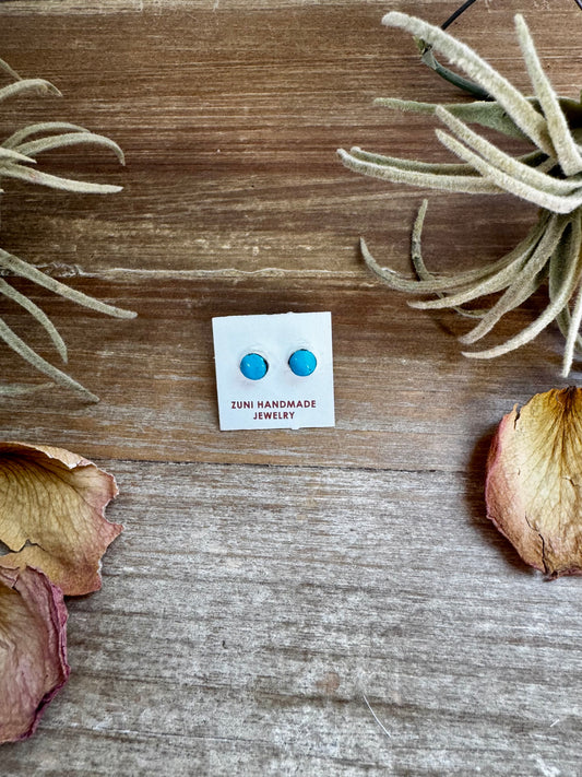 Sterling silver Kingman turquoise stud earrings handmade by Zuni artist Mary Ann Neha