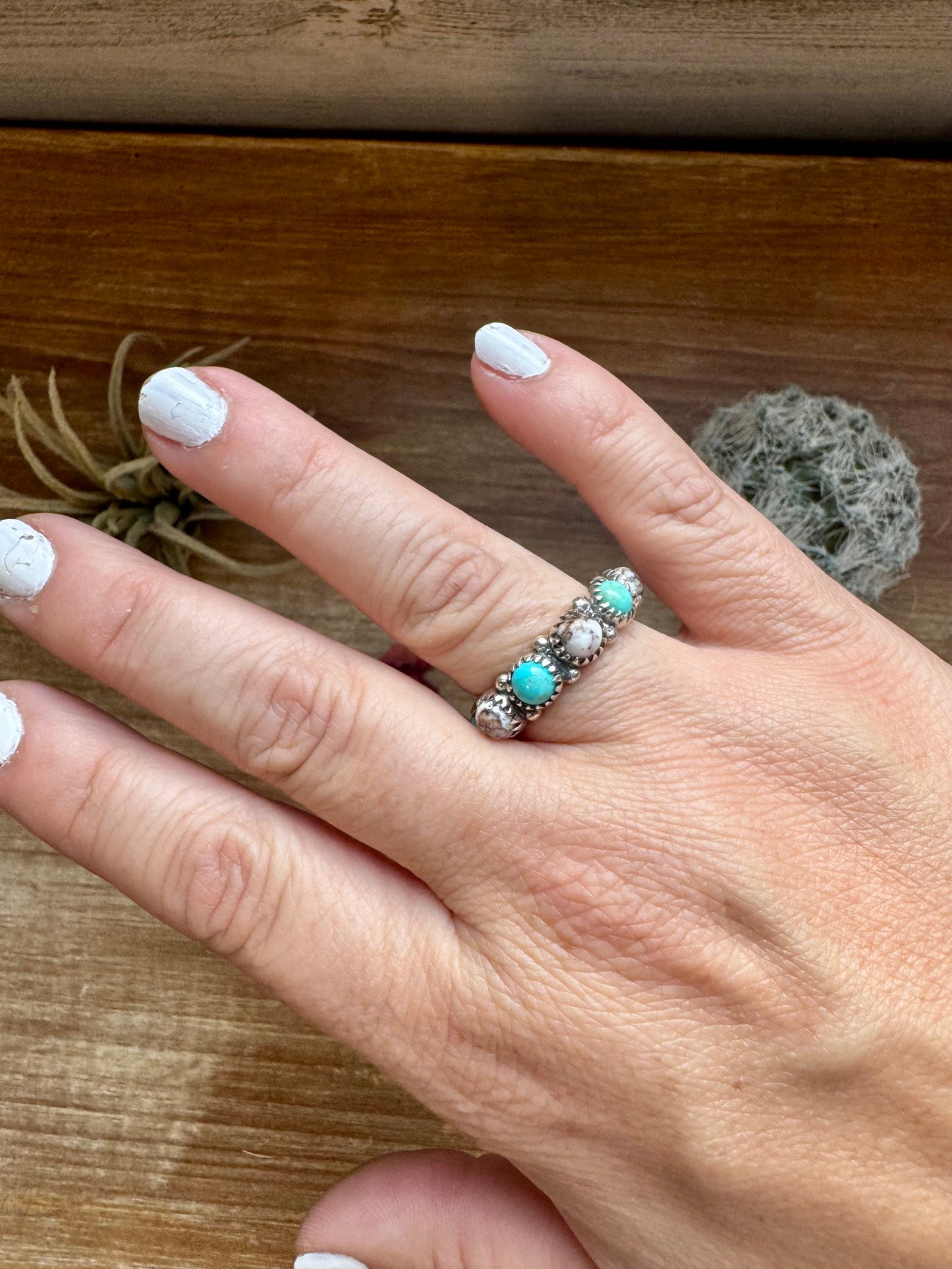 Band Ring - Size 9 - Kingman Turquoise, white Buffalo & sterling silver