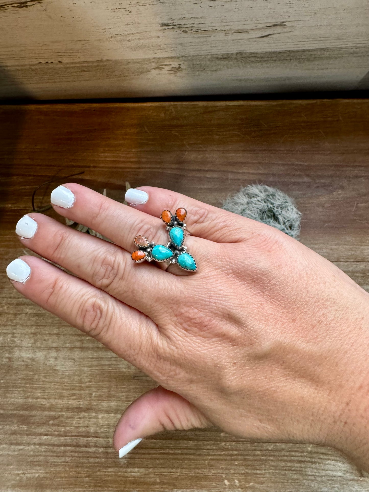 Cactus Ring - Adjustable - sterling silver Turquoise and Apple corrals