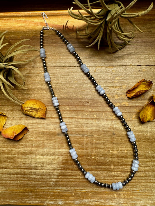 Blue Lace Agate necklace with sterling silver pearls, handmade by The Bijoux FAB – 20 ½ inch plus extender