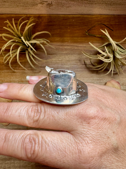 Adjustable sterling silver cowboy hat ring with Kingman turquoise, Navajo handmade by Robby Manuelito