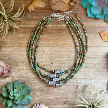 Green Turquoise Heishi & Sterling Silver Barrel Bead Necklace