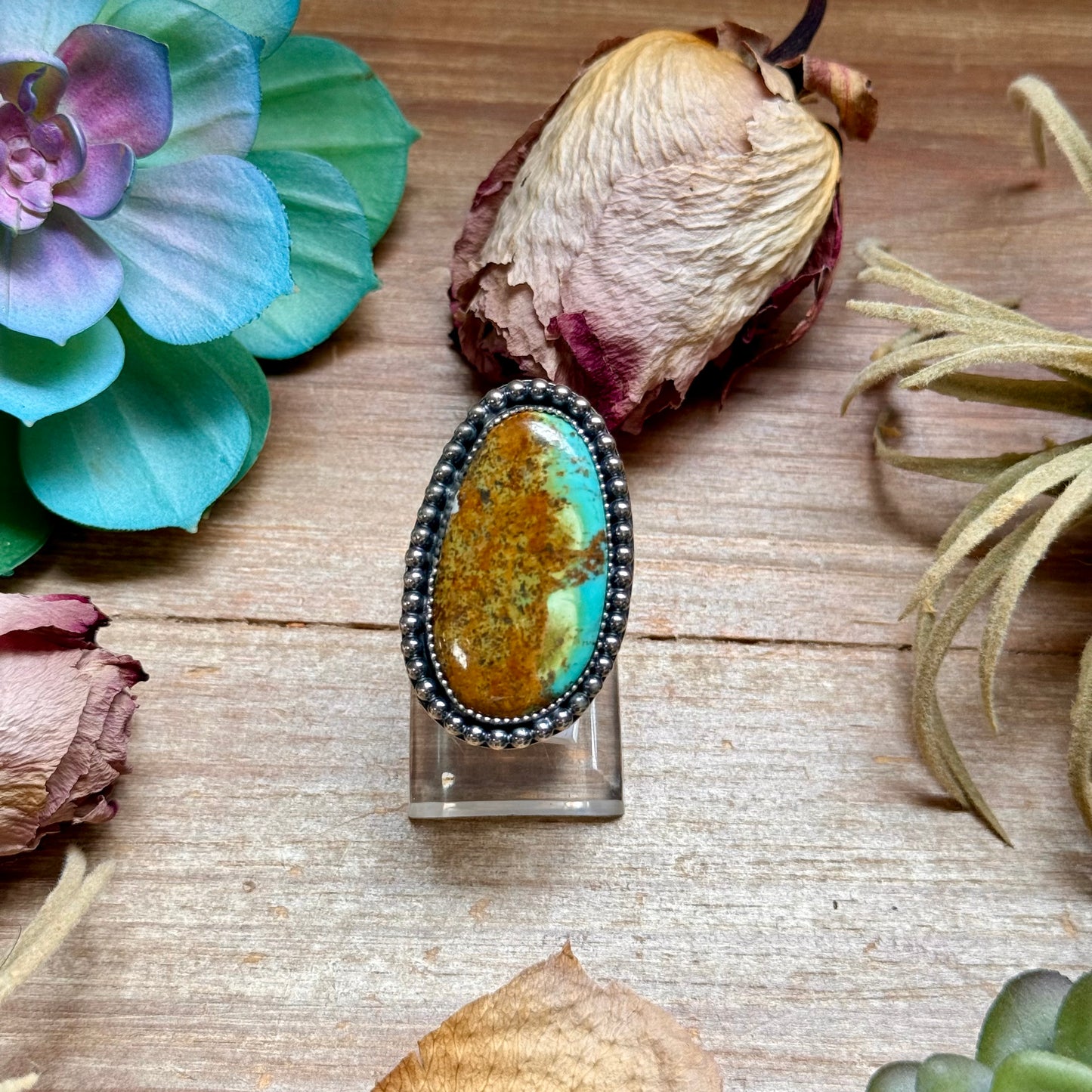 Turquoise sterling silver adjustable ring with heavy matrix handmade in the USA by The Bijoux FAB
