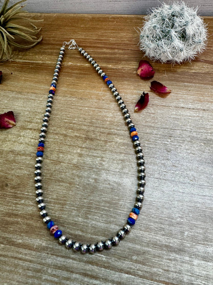 18 inch 6 mm Sterling Silver Pearls necklace lapis and spiny