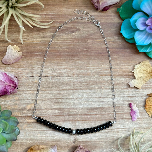 16 inch black onyx paperclip necklace with sterling silver bead handmade in the USA by The Bijoux FAB
