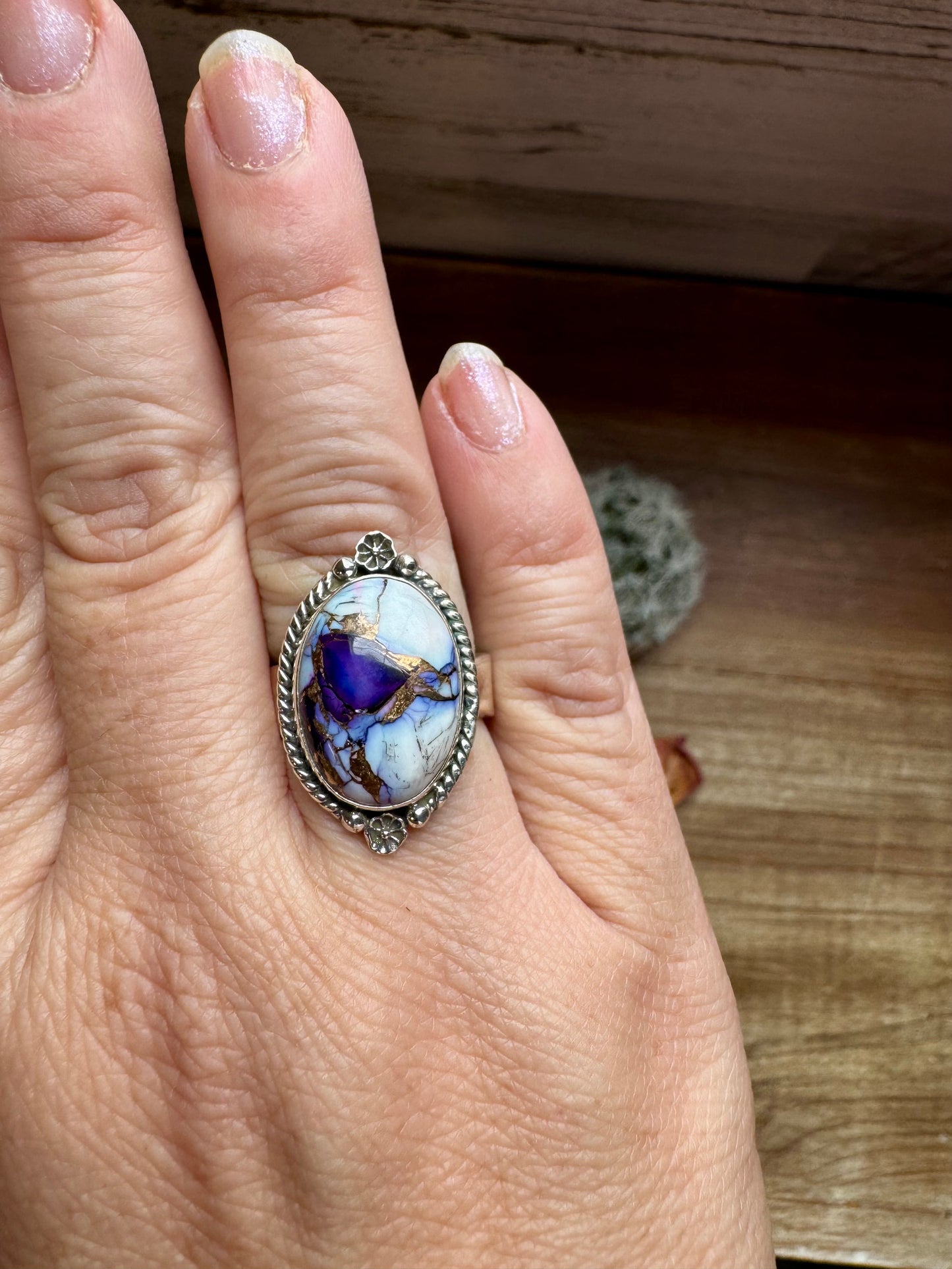 Oval rings - adjustable -Violet Rose ring and sterling silver