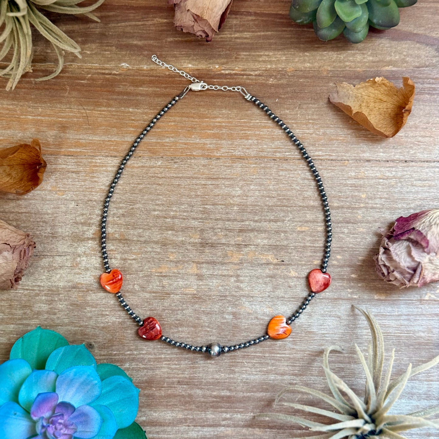 Orange/Red Shell Heart & Sterling Silver Pearl Necklace - 15 inch