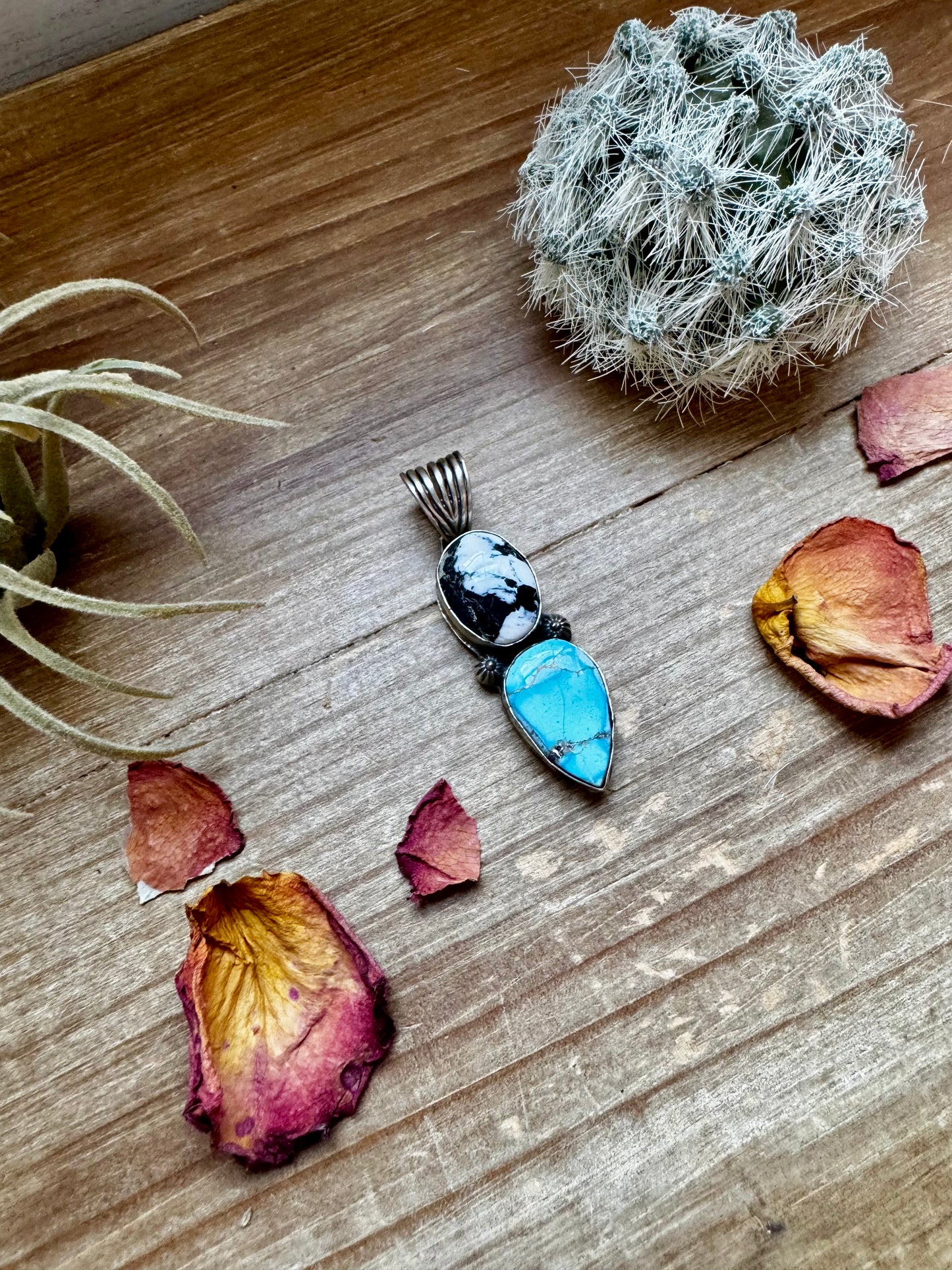 2 stone Pendant - Golden Hill turquoise, White Buffalo & Sterling Silver - option 2