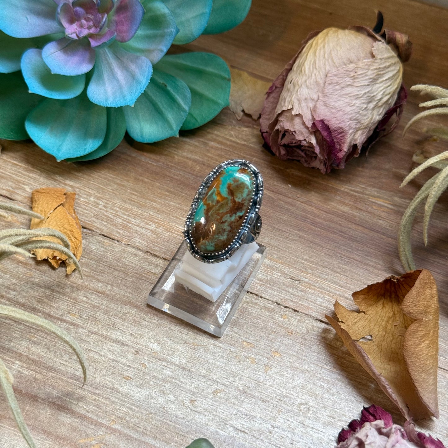 Adjustable sterling silver oval turquoise ring with natural matrix, statement MJ ring made in USA