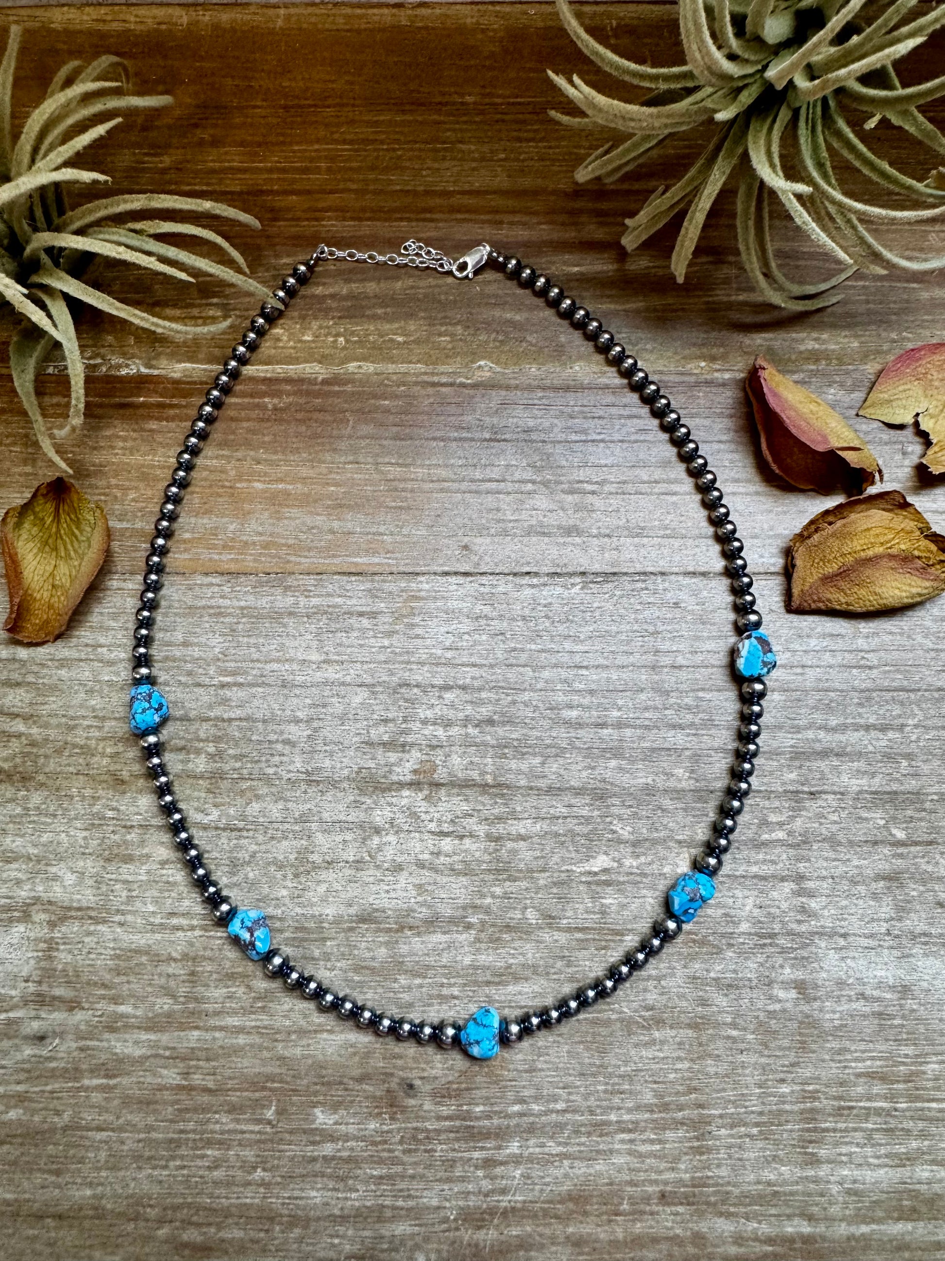16-inch necklace with 4 mm and 5 mm sterling silver pearls and 5 rare Golden Hill turquoise beads, handmade by The Bijoux FAB