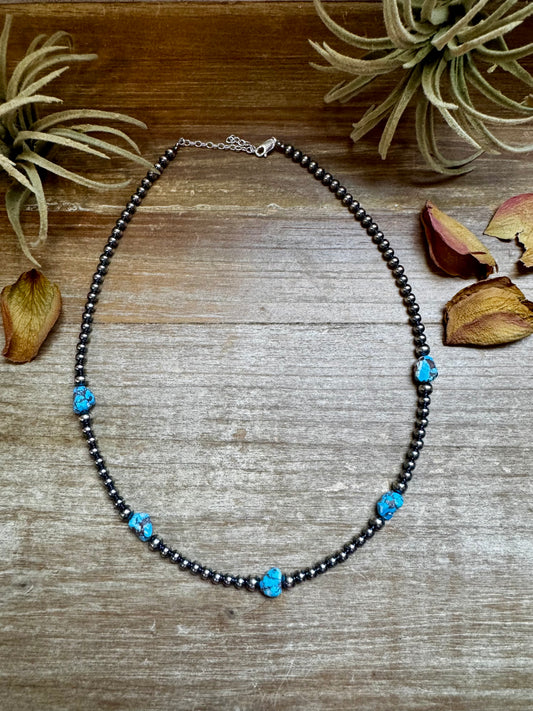 16-inch necklace with 4 mm and 5 mm sterling silver pearls and 5 rare Golden Hill turquoise beads, handmade by The Bijoux FAB