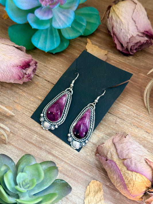 56 -  Sterling Silver Purple Spiny Oyster Dangle Earrings by Shay Pfeiffer