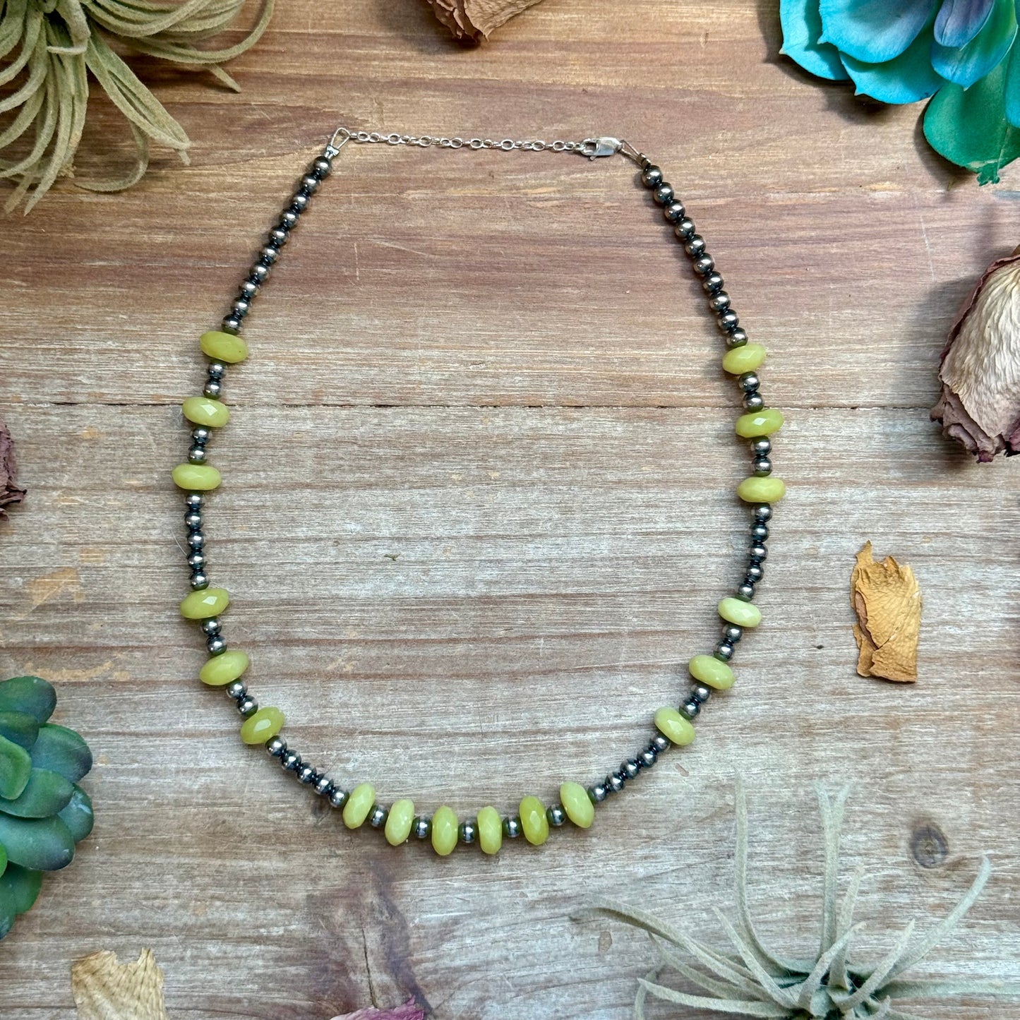 Faceted Lemon Jade & Sterling Silver Pearl Necklace