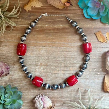 Dyed Red Coral Barrel & Sterling Silver Pearl Necklace
