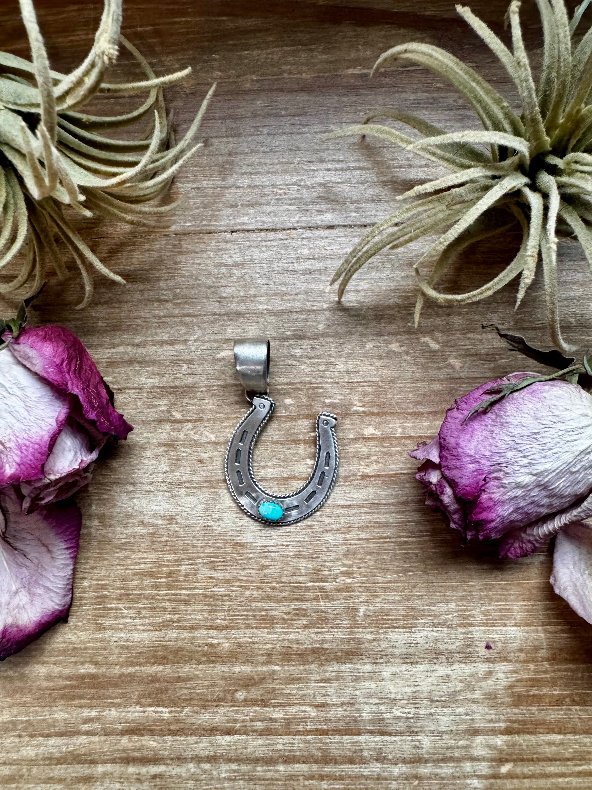 Sterling silver horseshoe pendant with Golden Hill turquoise, stamped H TRKE, Native made in the USA, fits 8mm pearls