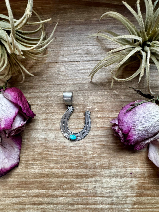 Sterling silver horseshoe pendant with Golden Hill turquoise, stamped H TRKE, Native made in the USA, fits 8mm pearls