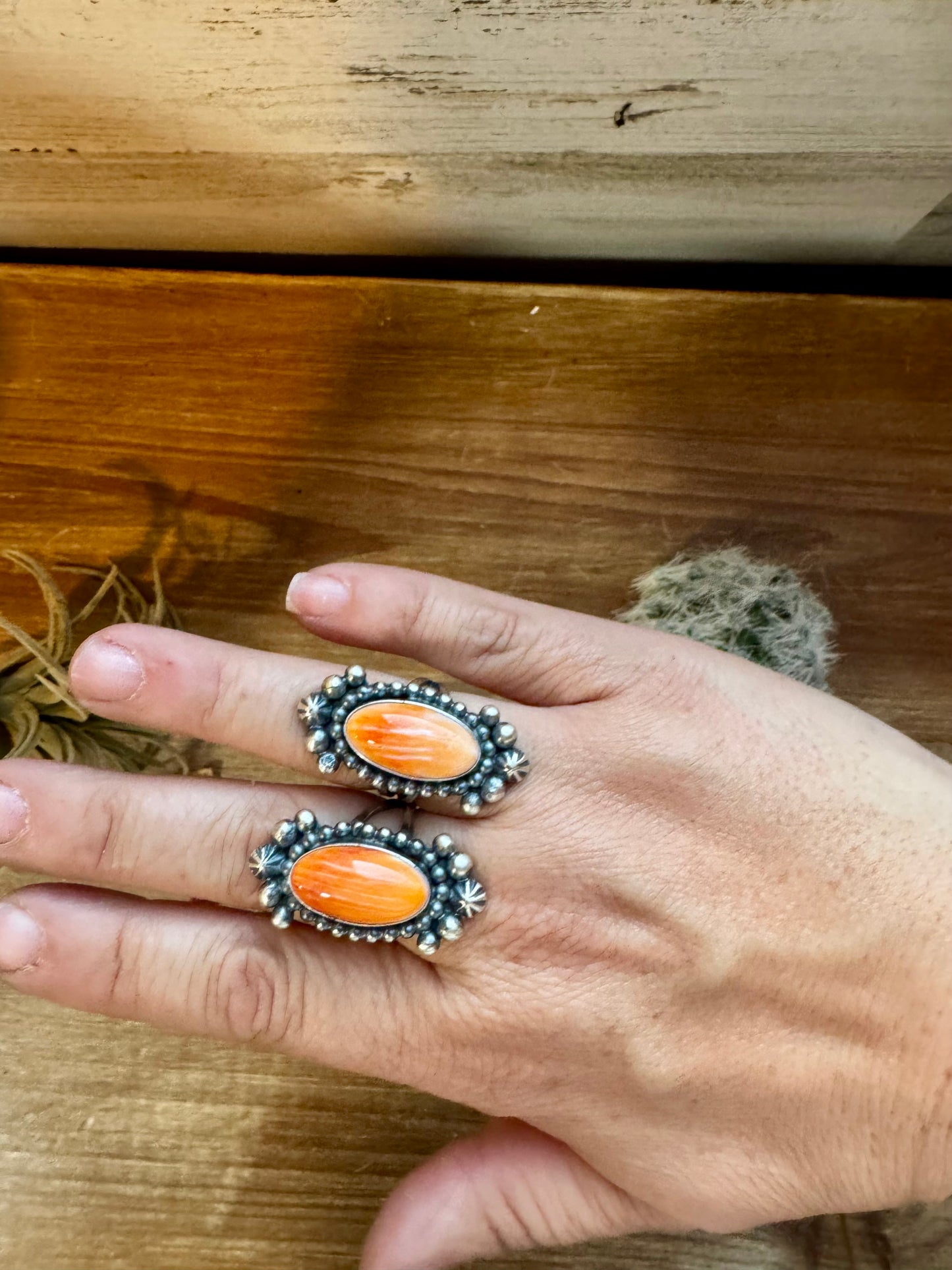 Long Ring - Pick your size - Orange spiny and sterling silver