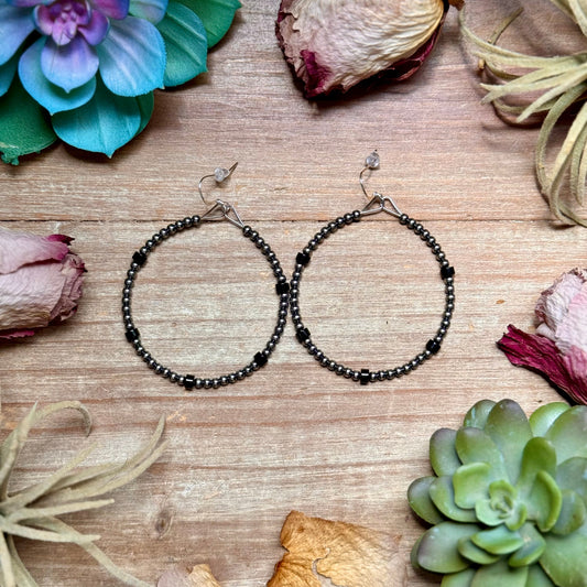 Black onyx hoop earrings with sterling silver beads and hook, lightweight western style jewelry handmade in the USA