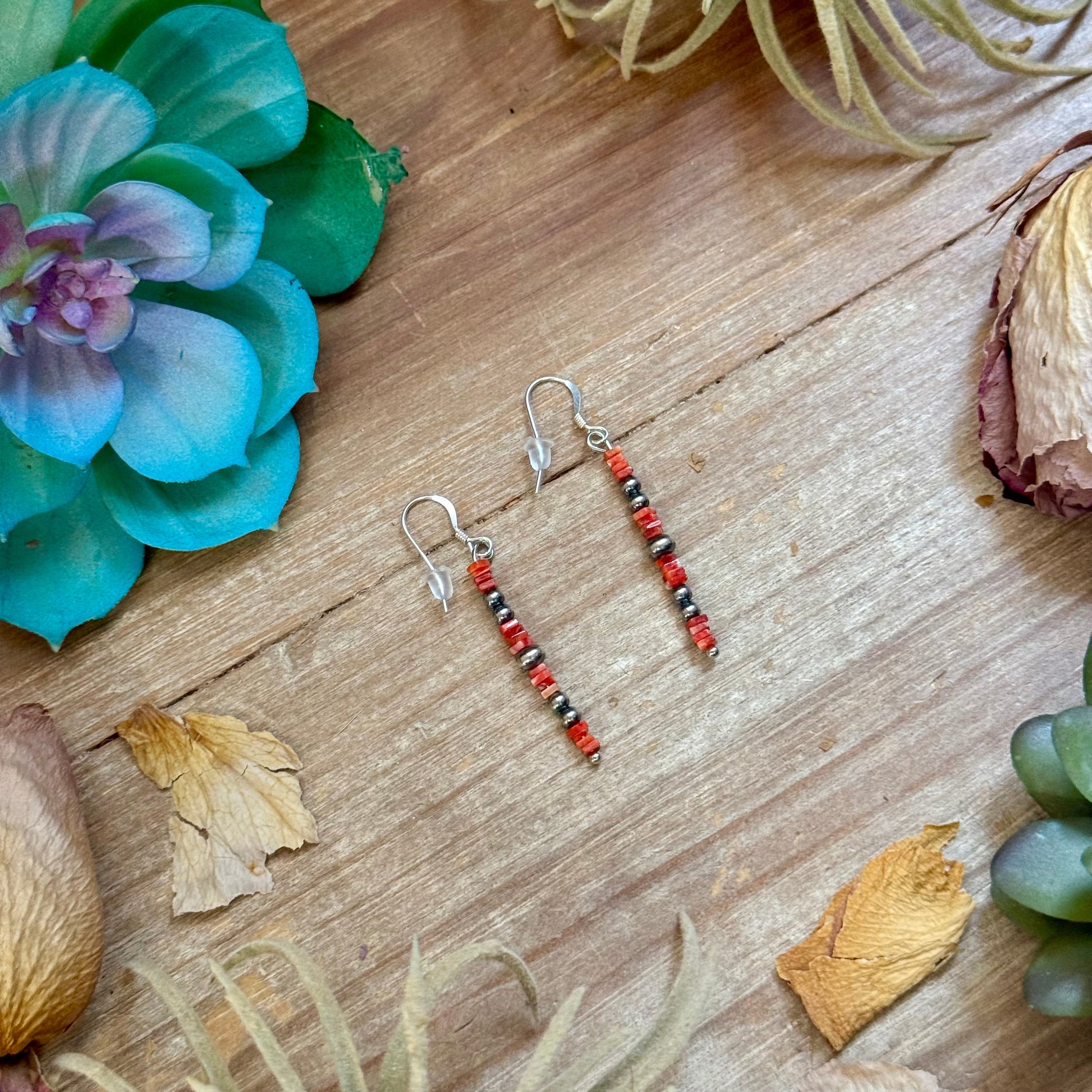 Red spiny oyster cube dangle earrings with sterling silver pearls handmade by The Bijoux FAB
