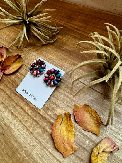 Handcrafted full cluster earrings featuring vibrant Pink Dahlia stones set in solid sterling silver. Stamped JW and made in the USA. Lightweight and unique. Curated by The Bijoux FAB.