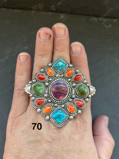 Mosaic Cluster Ring – Sterling Silver – Sonoran Mountain, Blue Ridge Turquoise & Spiny Oyster – Size 9 – Artist Shay Pfeiffer