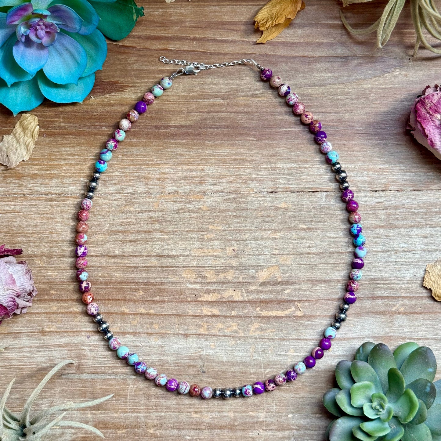 Purple variscite and sterling silver pearl necklace with round beads