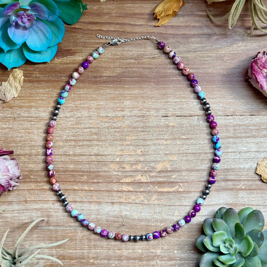 Purple variscite and sterling silver pearl necklace with round beads