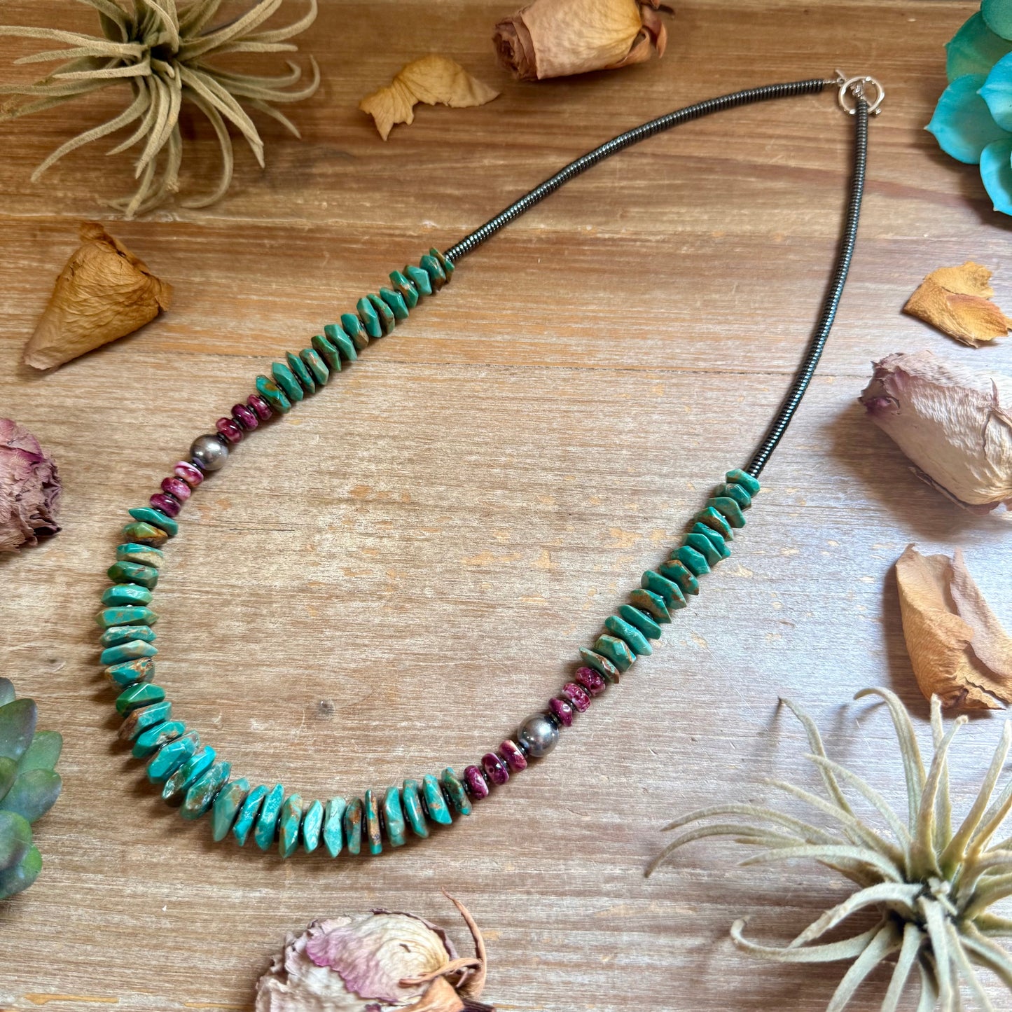 Graduated Green Turquoise & Purple Spiny Oyster Necklace