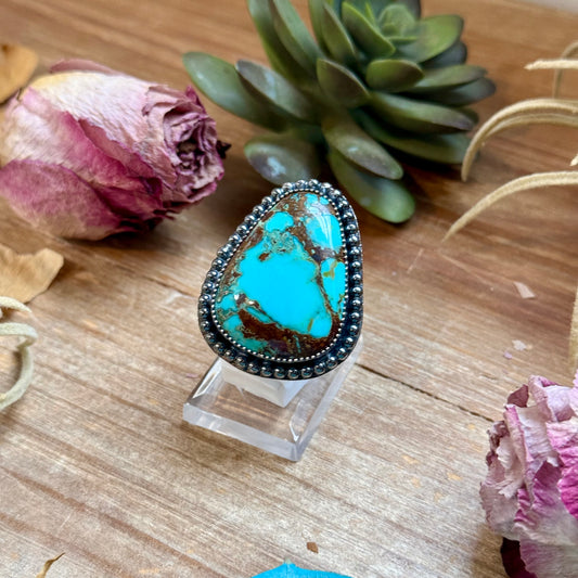 MJ turquoise ring in sterling silver with adjustable band handmade in-house in the USA
