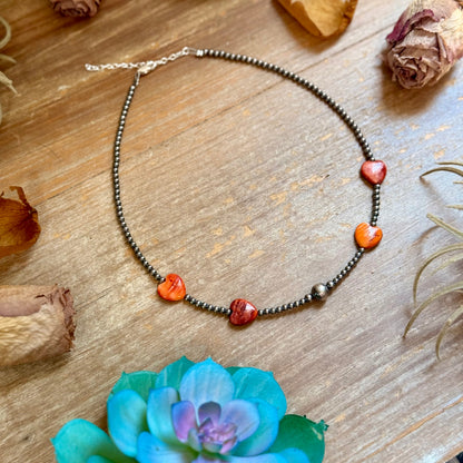 Orange/Red Shell Heart & Sterling Silver Pearl Necklace - 15 inch