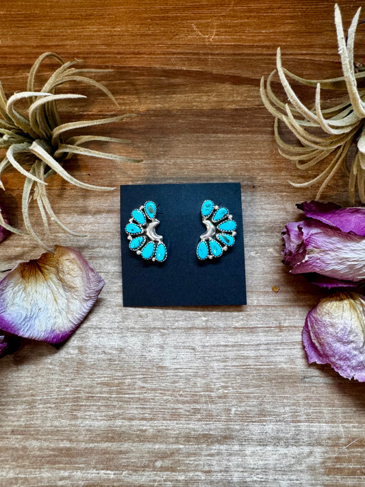 Sterling silver turquoise cluster earrings with Kingman turquoise, stamped JW, Native made in the USA