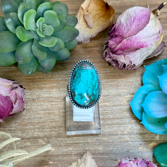 MJ oval turquoise ring with matrix in sterling silver adjustable band handmade in the USA
