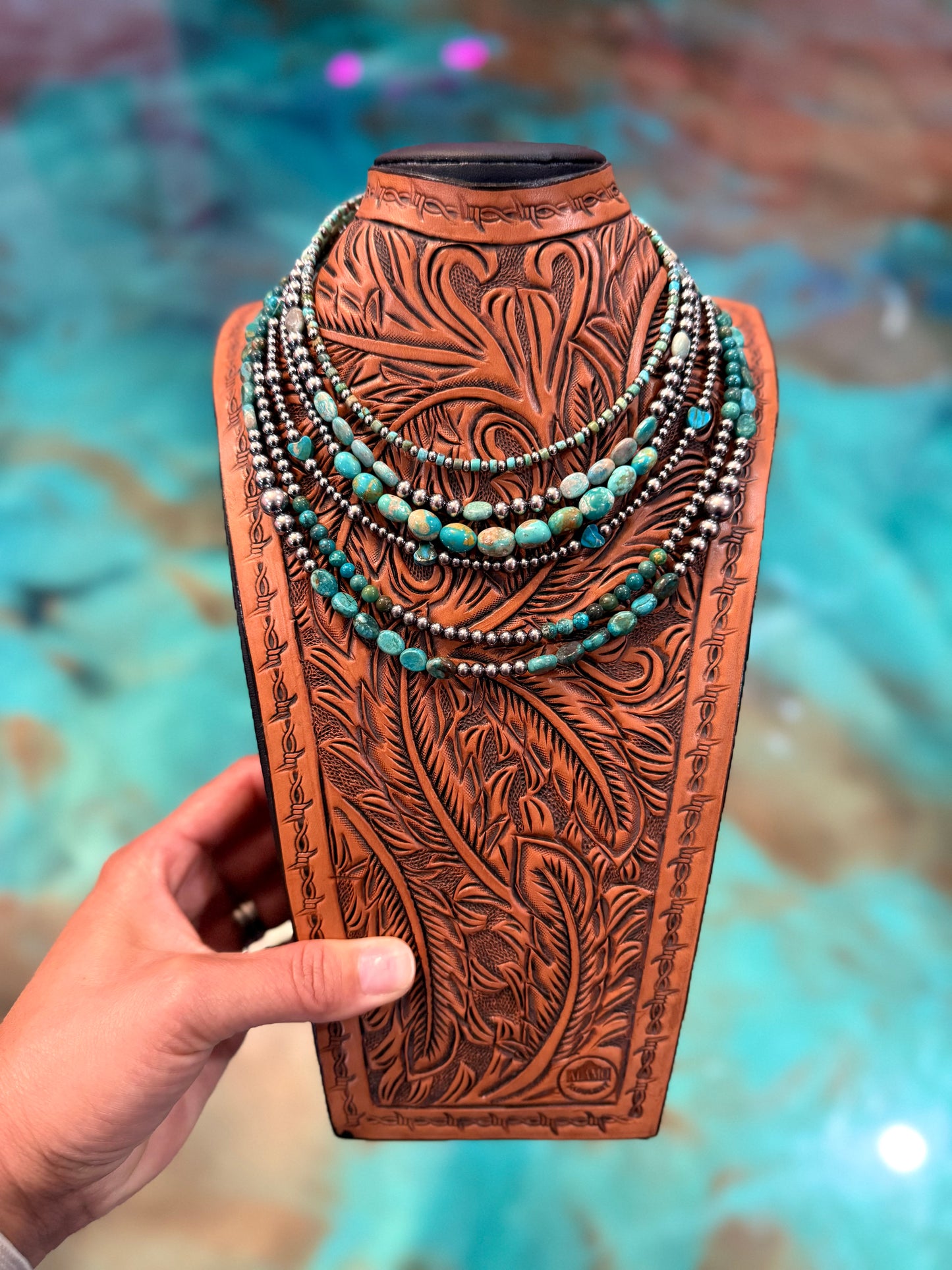 Six-piece Jaci stack featuring Sleeping Beauty turquoise nuggets, turquoise heshi, blue variscite hearts, teal magnesite, and sterling silver pearls.