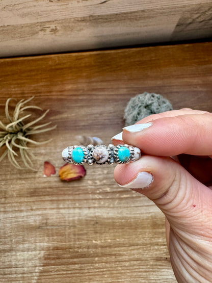 Band Ring - Size 9 - Kingman Turquoise, white Buffalo & sterling silver