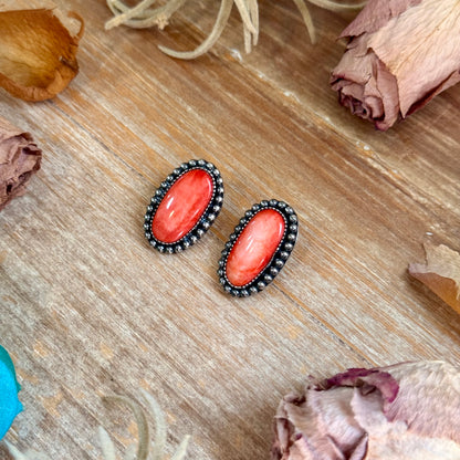 Red Spiny Oyster Beaded Border Stud Earrings – Option 1